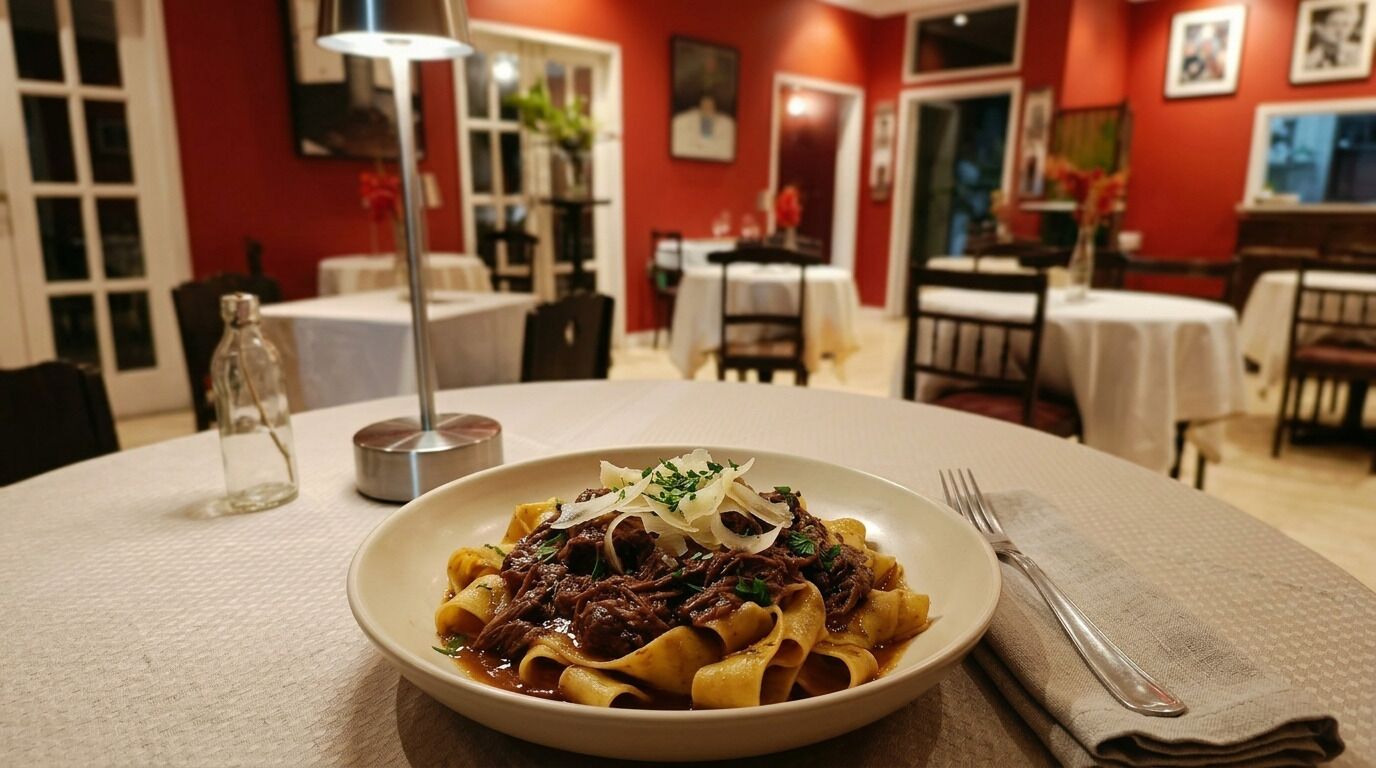 Un comedor con una mesa dispuesta para comer, una lámpara y vista del cuarto.