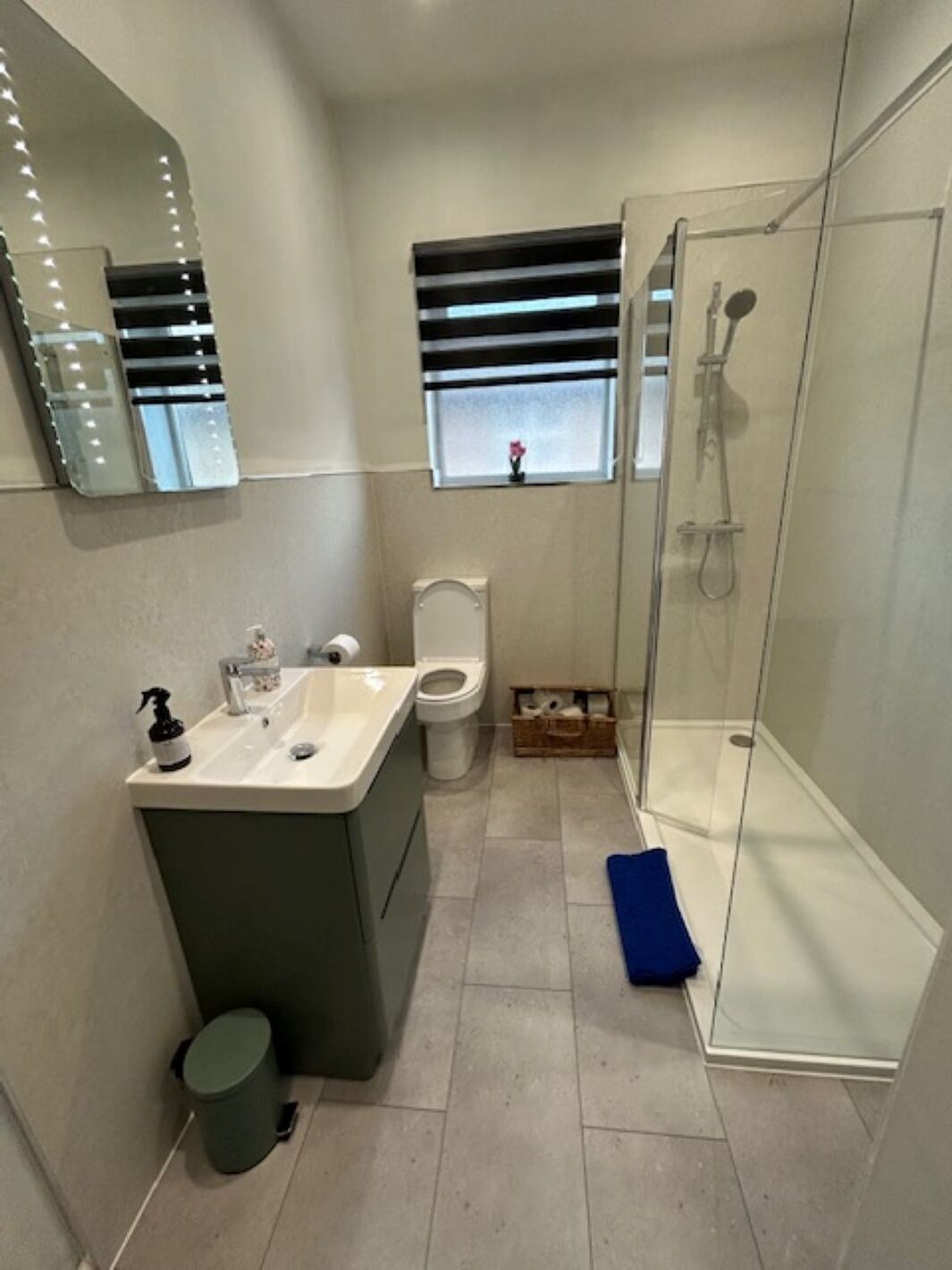 A bathroom with a sink, toilet, and shower.