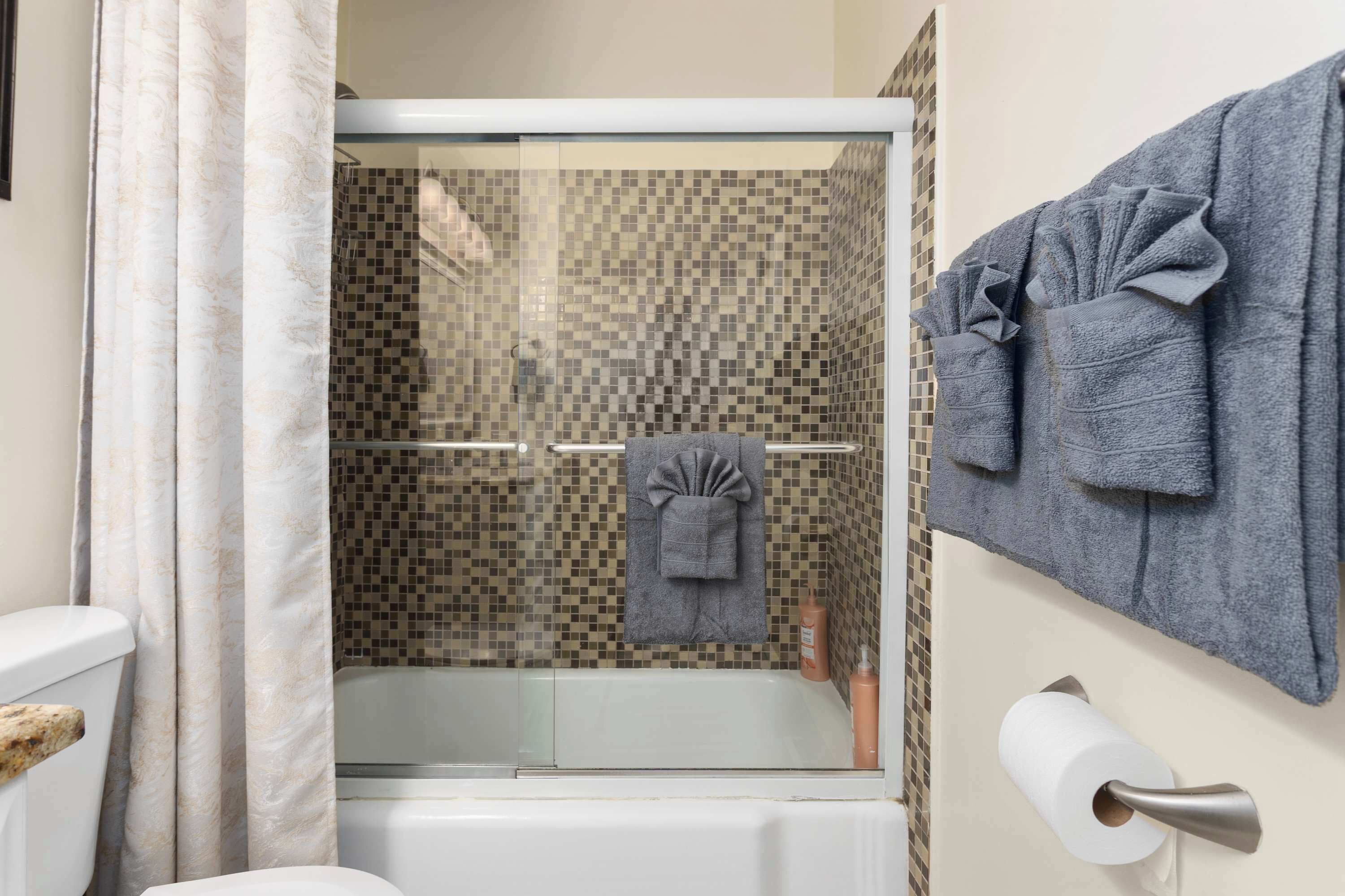 Een douche, een haardroger, handdoeken, shampoo