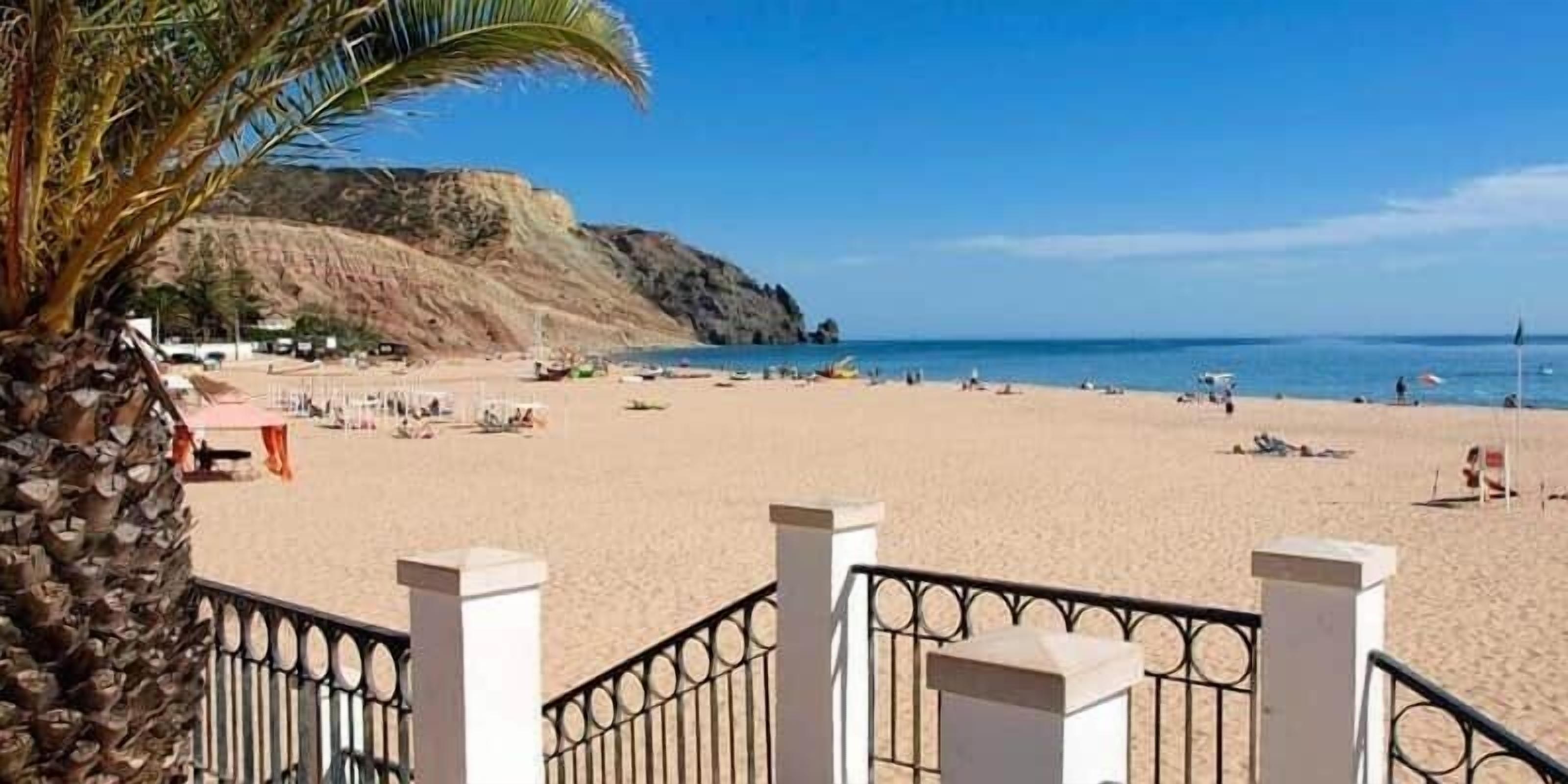 Een strand met een hek, palmbomen en een heldere lucht.