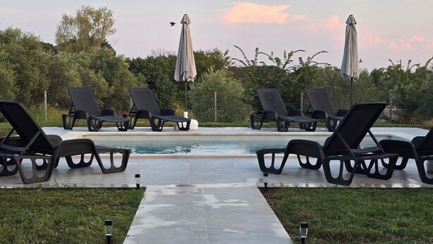 A poolside area with lounge chairs and umbrellas, surrounded by greenery.
