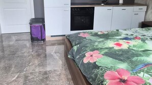 Ein Schlafzimmer mit Bett, Bad, Küchenzeile und einer Tür.