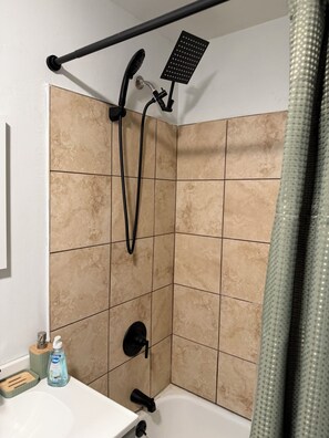 Hair dryer, towels, soap, toilet paper