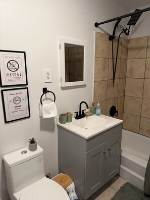 Hair dryer, towels, soap, toilet paper