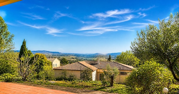A rural house with a tiled roof, surrounded by greenery and a clear blue sky.