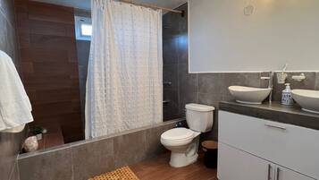 Hair dryer, towels, soap, toilet paper