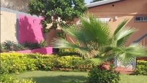 Een gebouw met een rood dak, omringd door een verzorgde tuin met diverse planten en een palmboom.