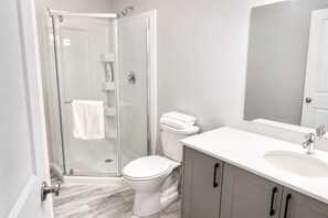 Shower, towels, toilet paper