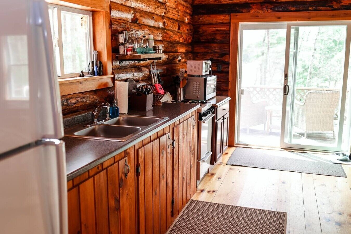 Une cuisine aménagée dans un style rustique, avec des murs en bois, un réfrigérateur, un évier à deux bacs et une porte-fenêtre coulissante donnant sur un espace extérieur.