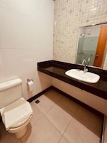 Shower, towels, soap, toilet paper