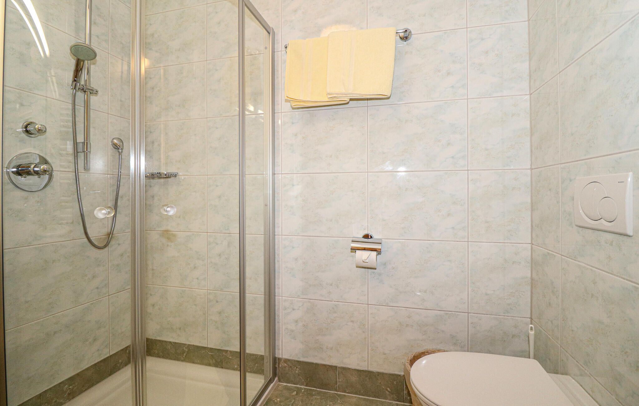 Une salle de bain avec douche, toilettes et porte-serviettes.