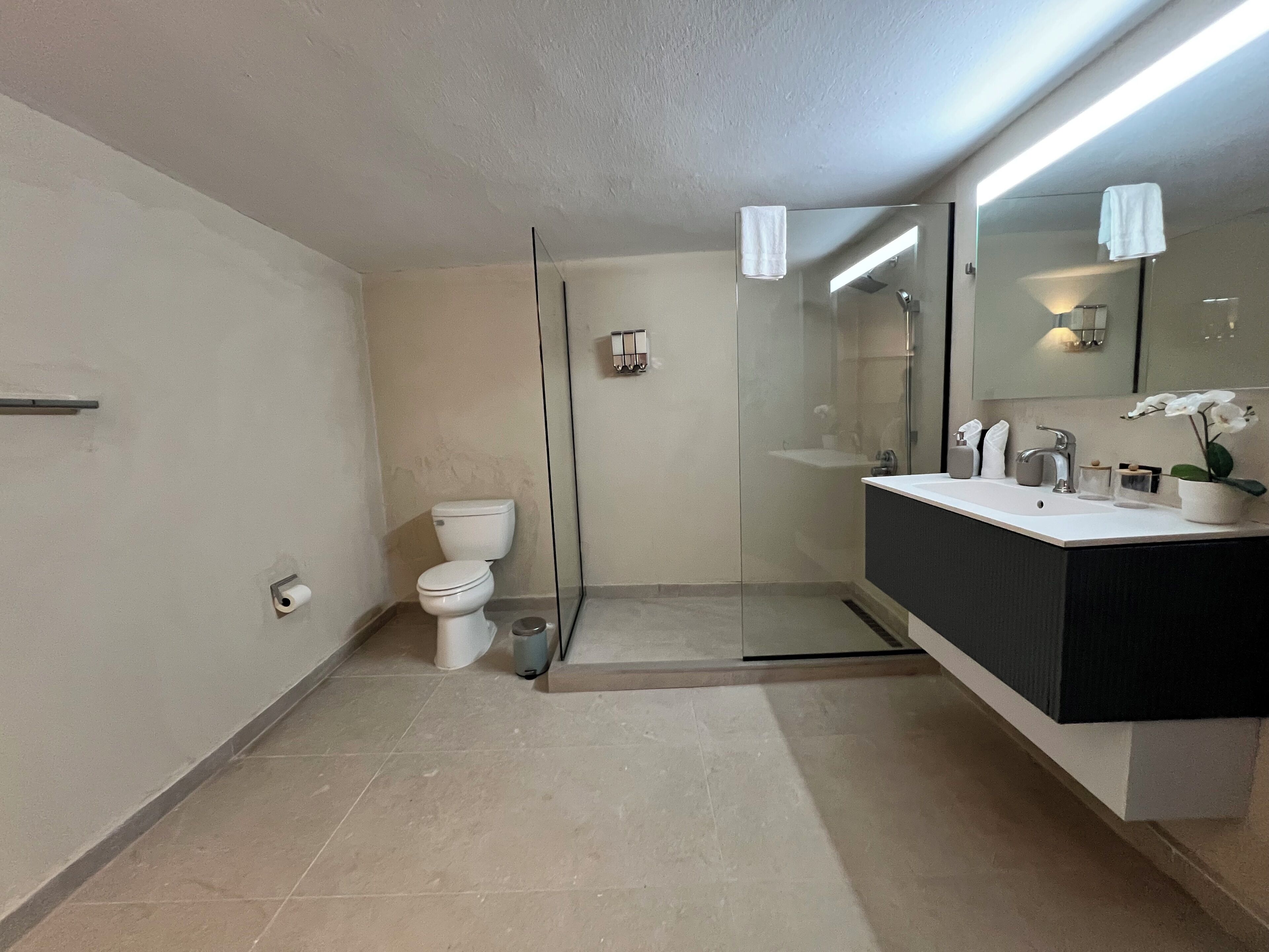 A modern bathroom with a toilet, shower, and vanity.