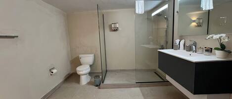 A modern bathroom with a toilet, shower, and vanity.