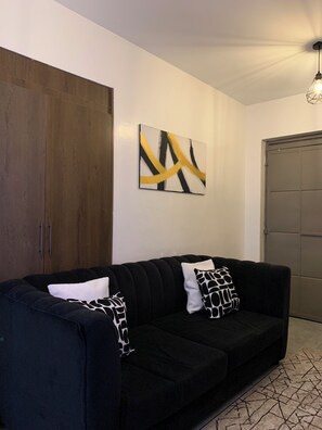 Ein modernes Wohnzimmer mit einer schwarzen Couch, abstrakter Kunst, einem Holzschrank und einer grauen Tür.