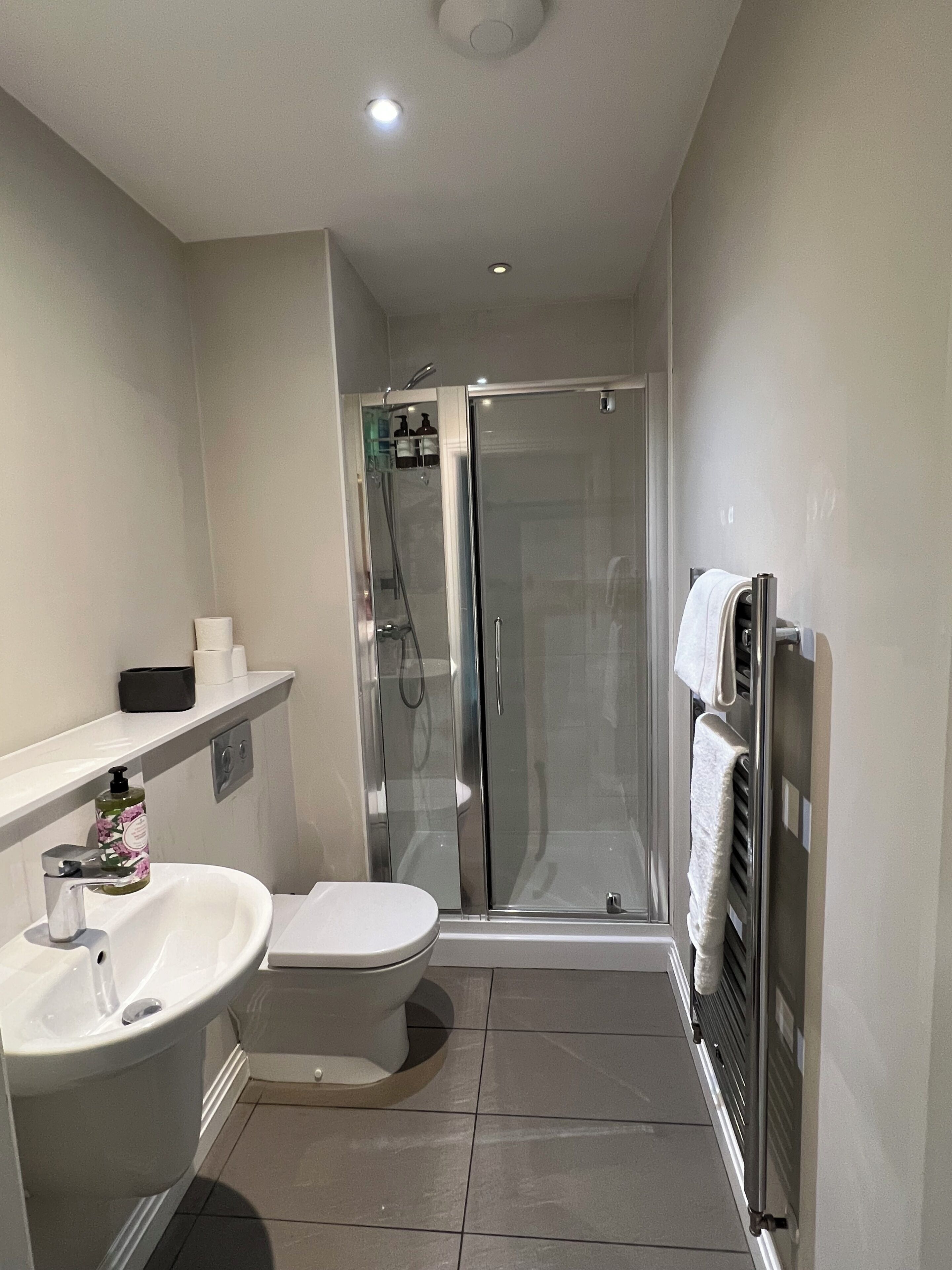 Shower, hair dryer, towels, soap