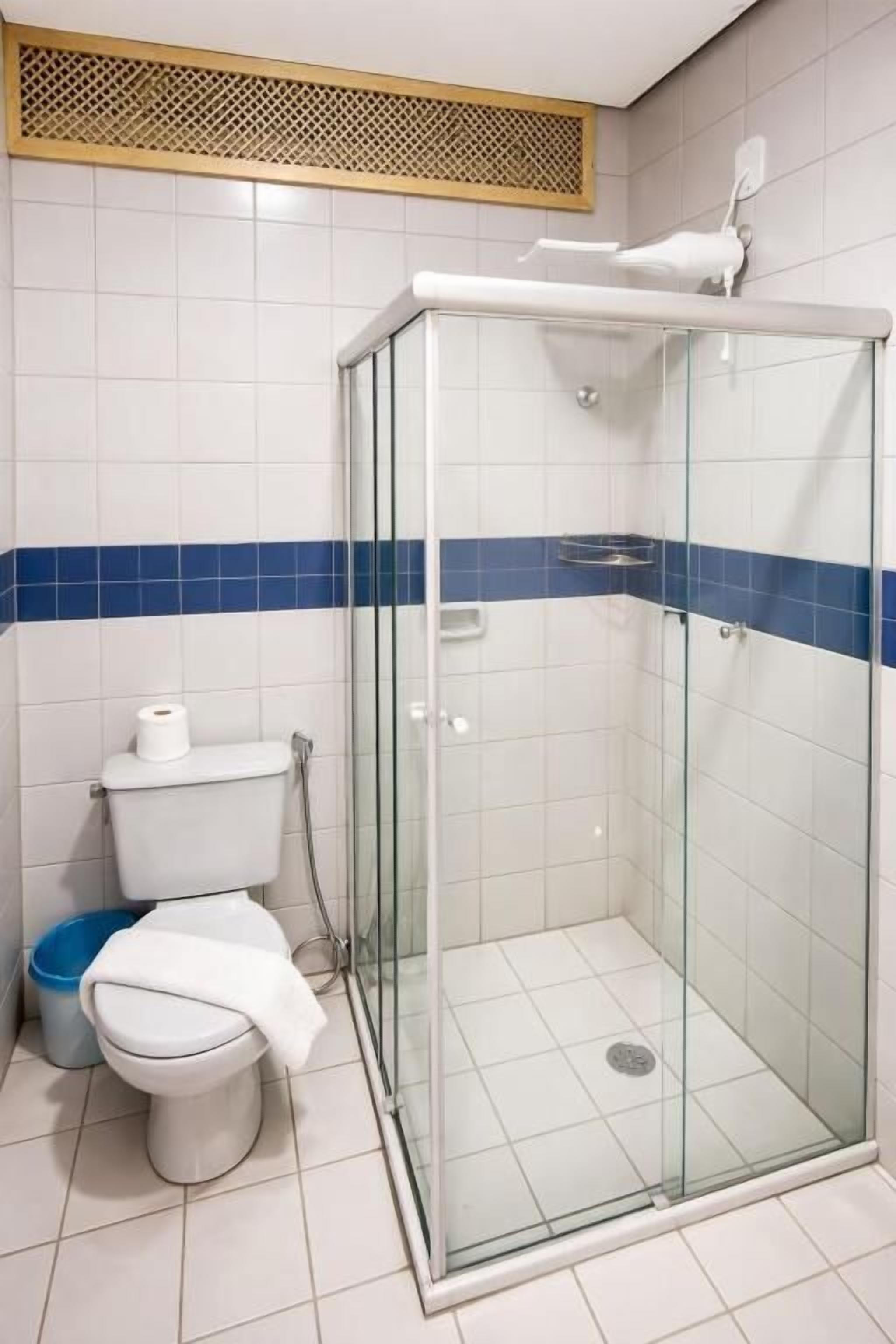 A bathroom with a glass-enclosed shower, a toilet, and a blue-striped tile wall.