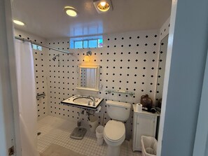 Dusj, hårføner, håndklær og såpe
