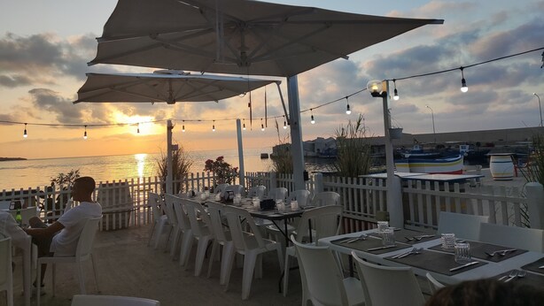 Un espace extérieur aménagé pour les repas, avec des tables, des chaises, des parasols et des guirlandes lumineuses.