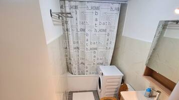 Hair dryer, towels, soap, toilet paper