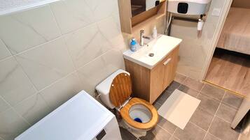 Hair dryer, towels, soap, toilet paper