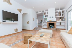 Una sala de estar con televisor, sofás, chimenea y estantería.