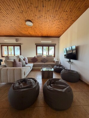 Una sala de estar con techo de madera, un juego de sofá, una mesa de centro, pufs y un televisor en la pared.