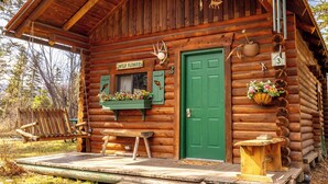 Uma cabana de toras com porta verde, um banco, um cesto de flores pendurado e uma placa com a inscrição 'WILD FLOWER'.