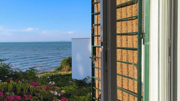 Vista costera a través de una ventana con marco verde, una pared blanca y una estructura cubierta de paja.