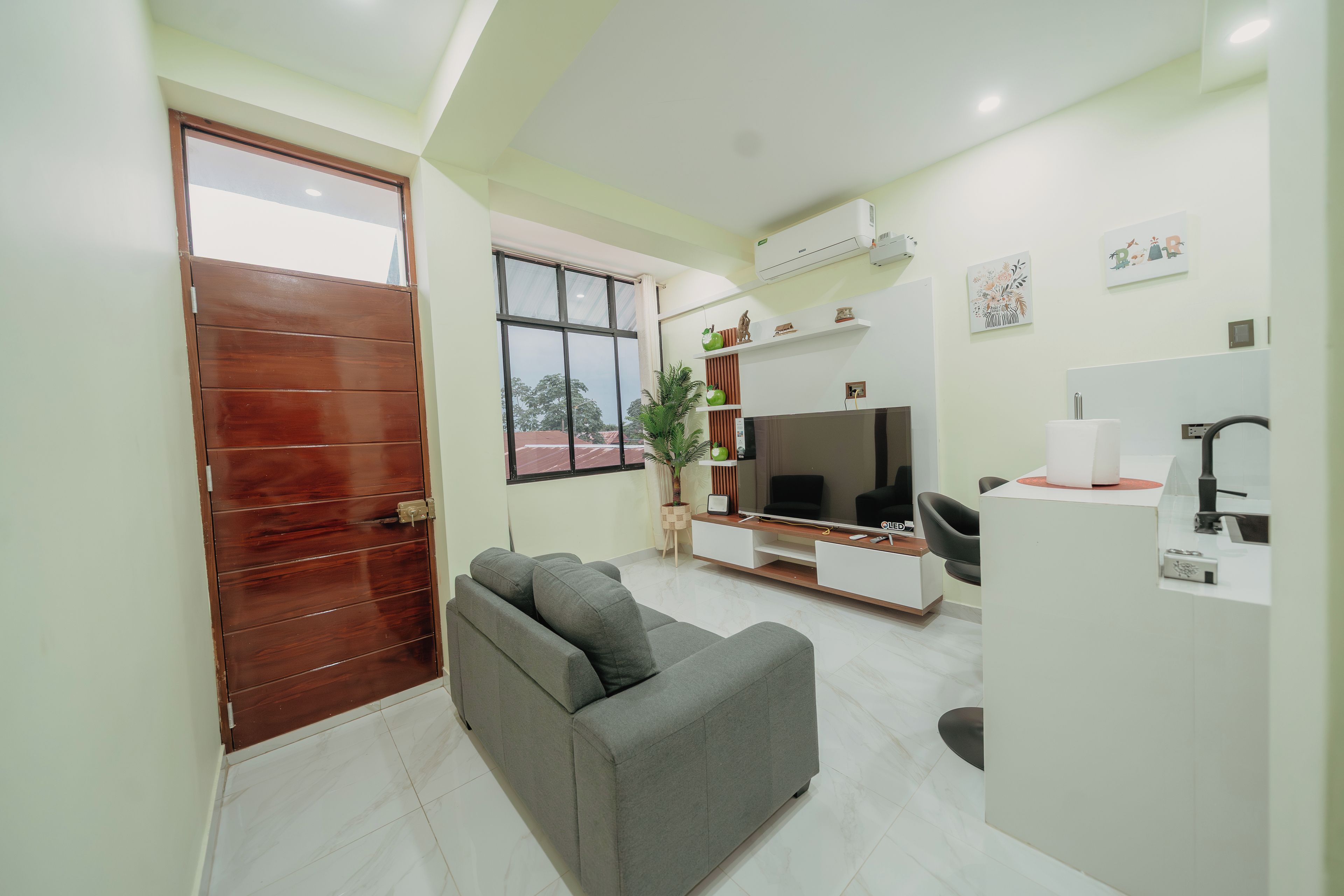 Una sala de estar moderna con un sofá gris, un televisor y una pequeña cocina con un fregadero y una encimera.