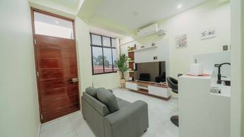 Una sala de estar moderna con un sofá gris, un televisor y una pequeña cocina con un fregadero y una encimera.