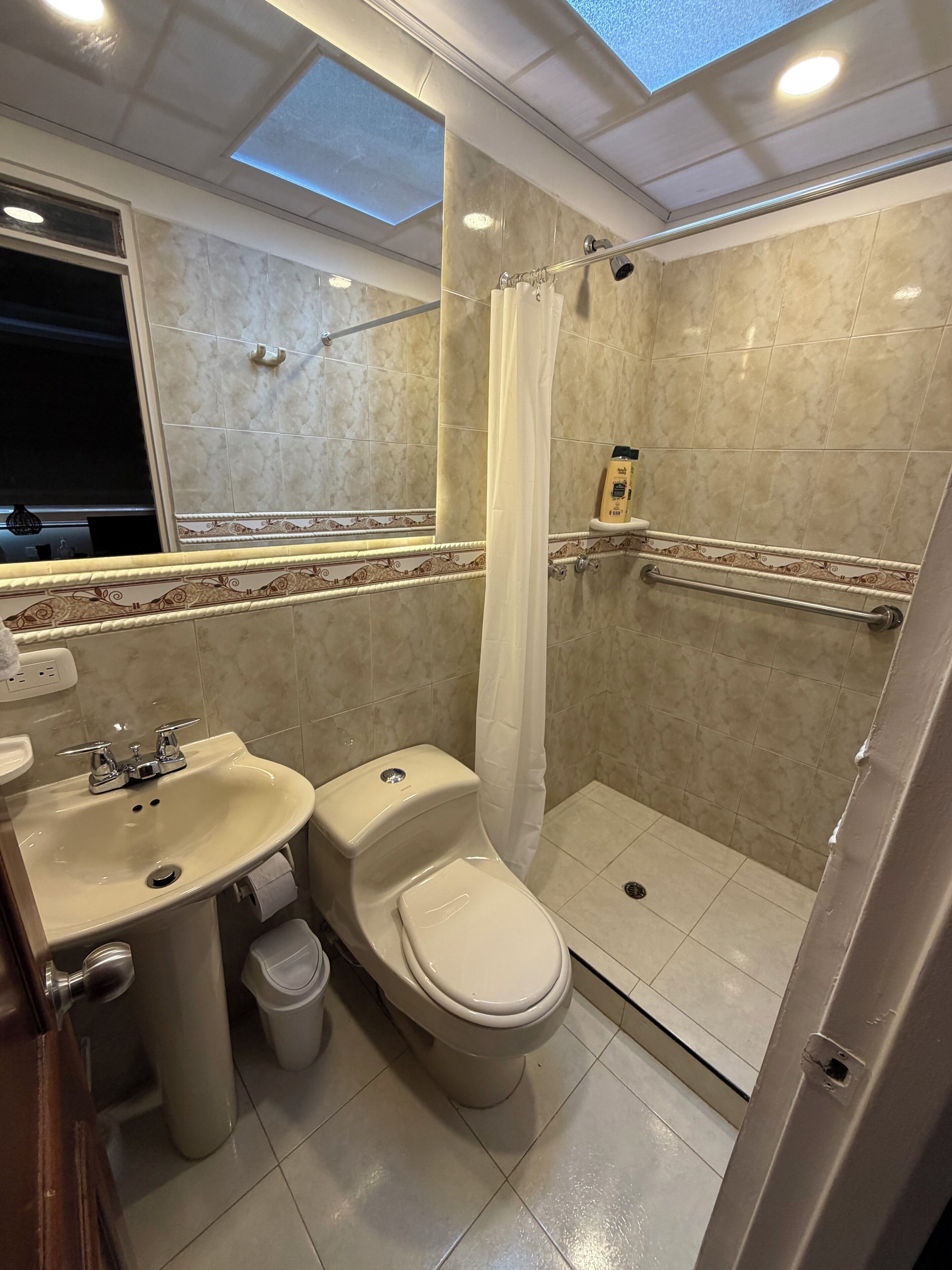 Hair dryer, towels, soap, toilet paper