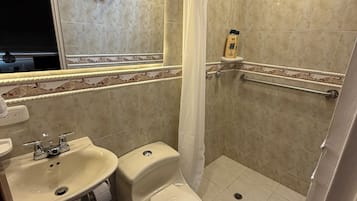 Hair dryer, towels, soap, toilet paper