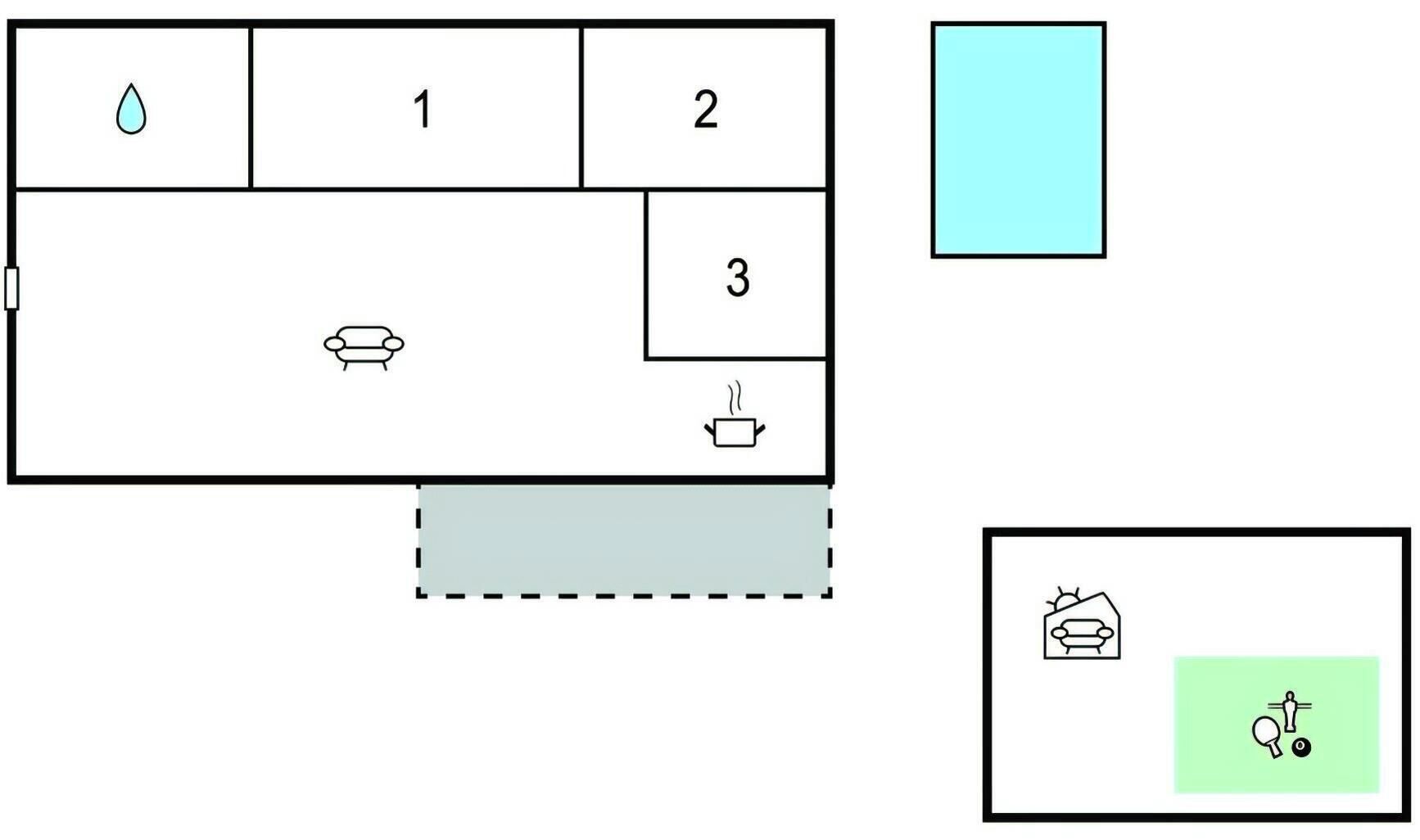 A room layout with a bed, a desk, and a bathroom.