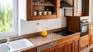 Une cuisine dotée d’un plan de travail en granit, d’un évier à deux bacs, d’un four encastré et de meubles de rangement en bois.