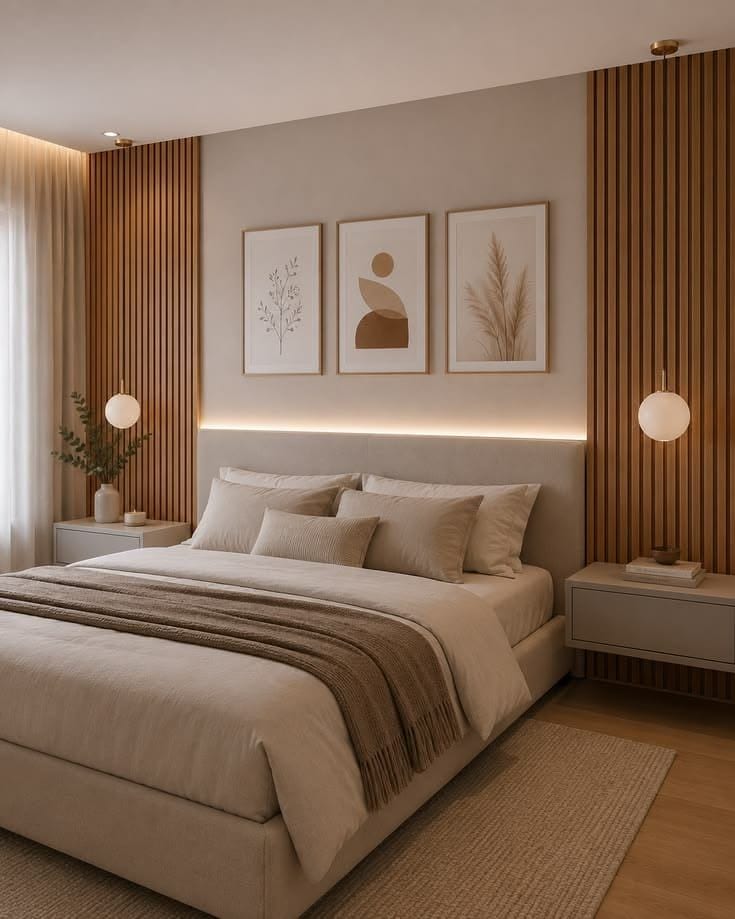 A modern bedroom with a large bed, bedside tables, and wall-mounted artwork.