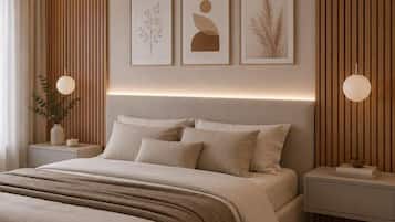 A modern bedroom with a large bed, bedside tables, and wall-mounted artwork.