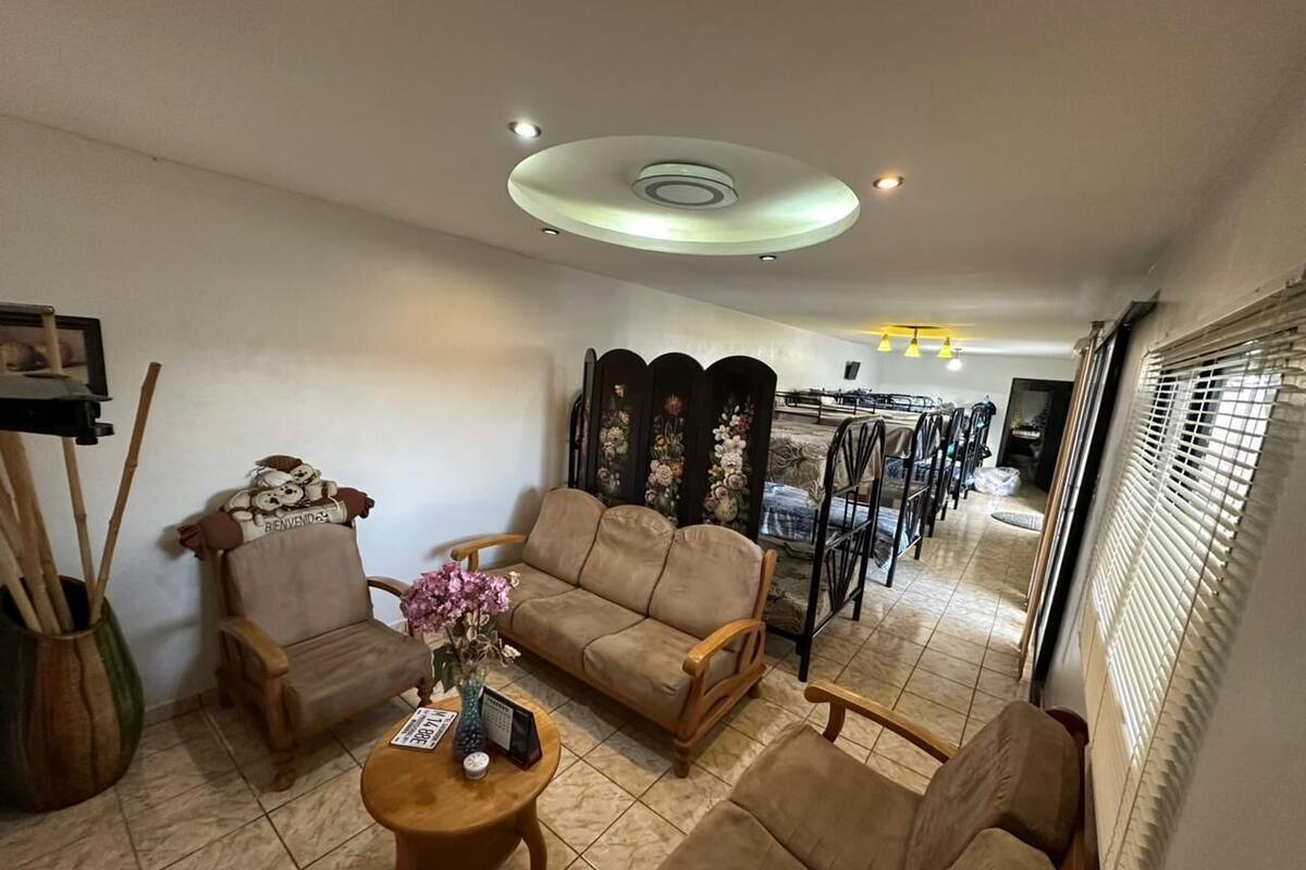 Un salon comprenant un canapé, des fauteuils, une petite table avec un vase, un mur décoratif et, au fond, un coin repas.