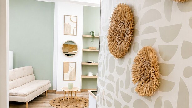 Un salon moderne avec un canapé, une table ronde et un mur orné de motifs abstraits et d’éléments décoratifs.