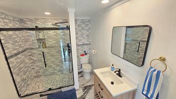A modern bathroom with a glass shower enclosure, a white sink, and a mirror.