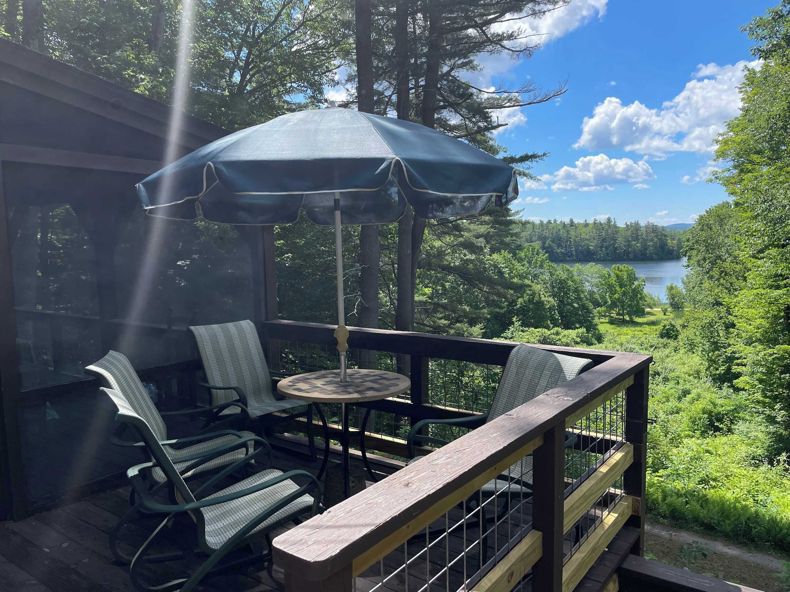 Eine Terrasse mit Tisch und Stühlen mit Blick auf einen See und einen Wald.
