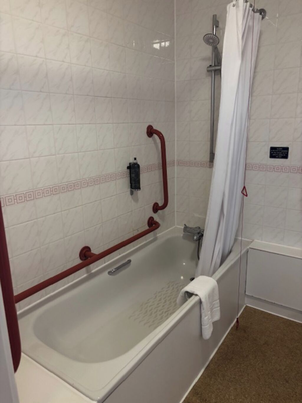 Ein Badezimmer mit Badewanne, Dusche und Handlauf.