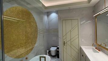 Hair dryer, bidet, towels, toilet paper