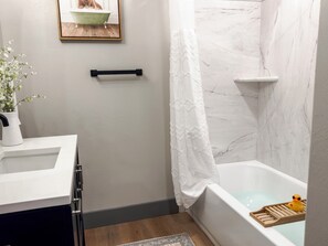 Hair dryer, towels, soap, shampoo