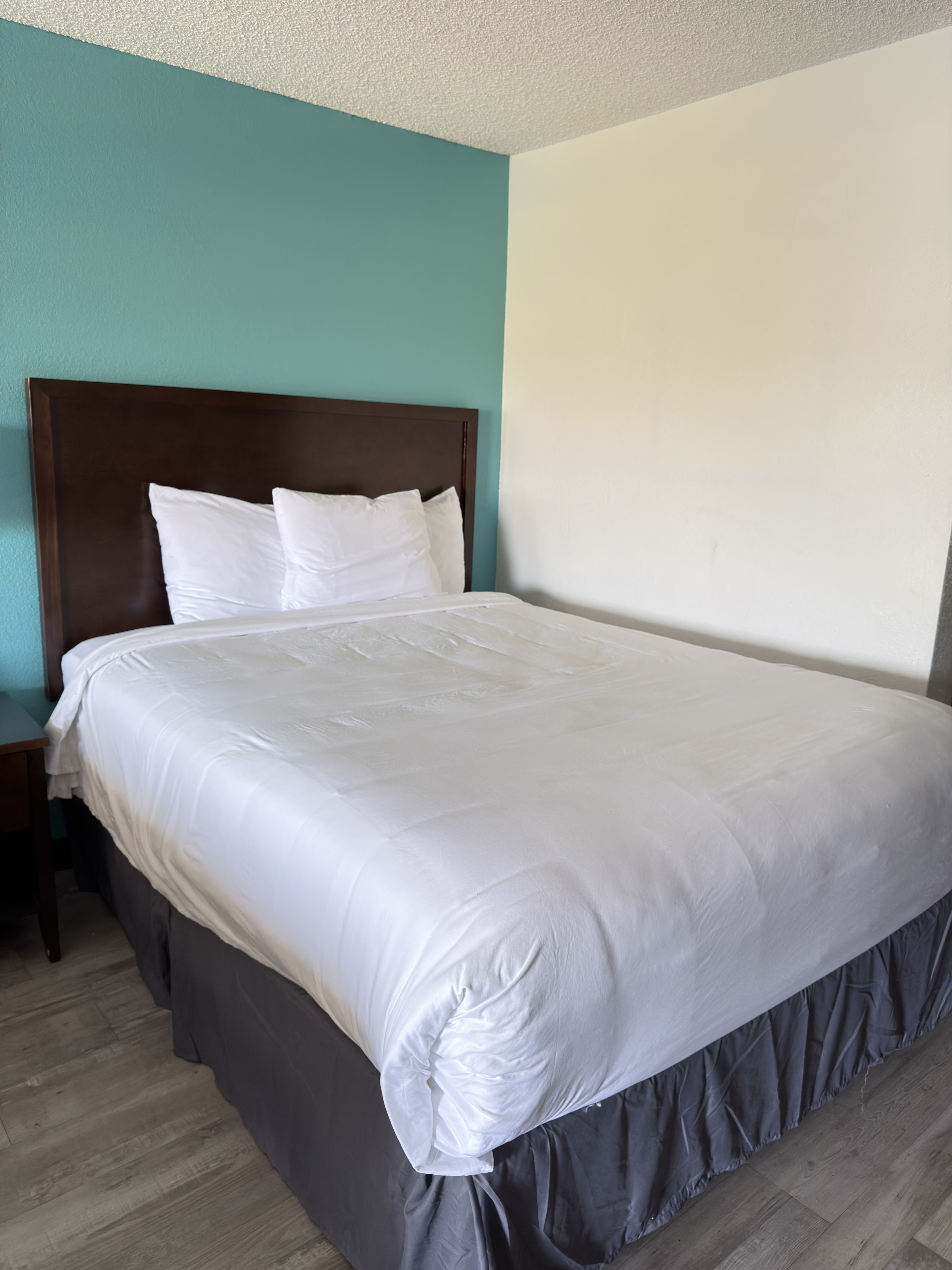 A standard hotel room with a single bed, a nightstand, and a wooden headboard.