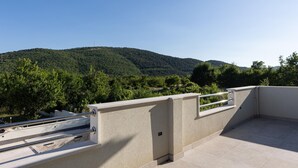 Un balcon donnant sur une colline boisée.
