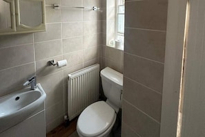 Uma casa de banho pequena com sanita, lavatório e radiador.