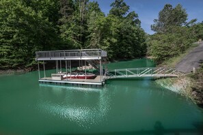 A dock with a boat, surrounded by greenery and a clear river.