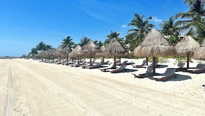 Een strand met rijen ligbedden en rieten parasols, palmbomen en een heldere lucht.