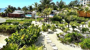 Een resort met een zwembad, palmbomen en een strand.