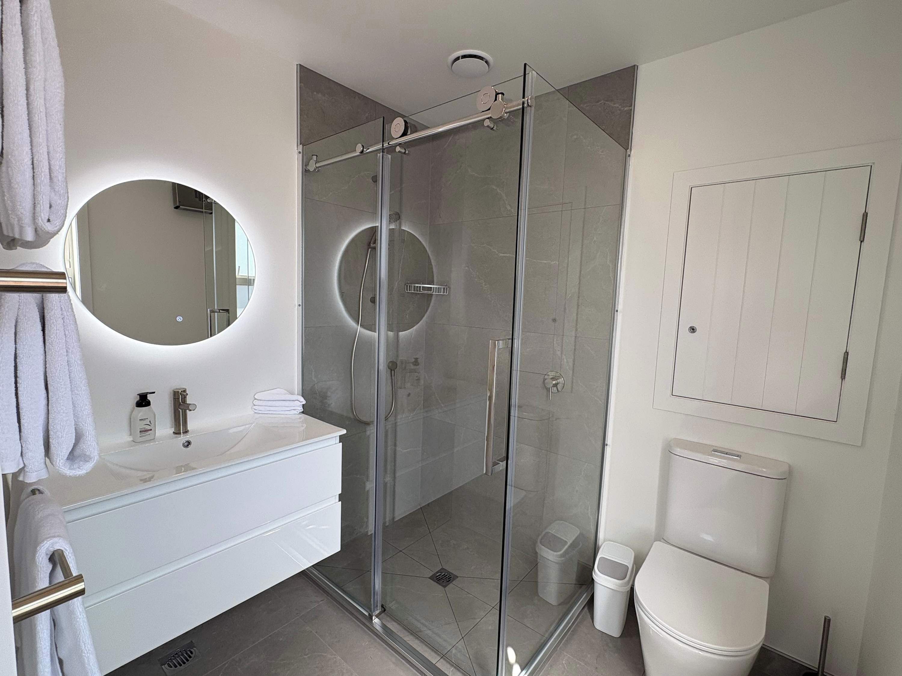 Shower, hair dryer, towels, shampoo